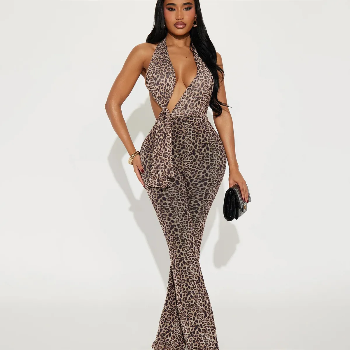 Women Fashion Sexy Leopard Printed Hollow-Out Backless Jumpsuits