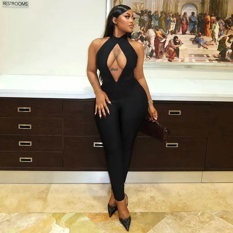 Women Fashion Sexy Solid Color Hollow Mesh Stitching Sleeveless Backless Jumpsuit
