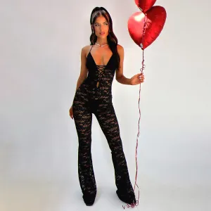 Women Fashion Sexy Solid Color Lace Perspective Backless Jumpsuits