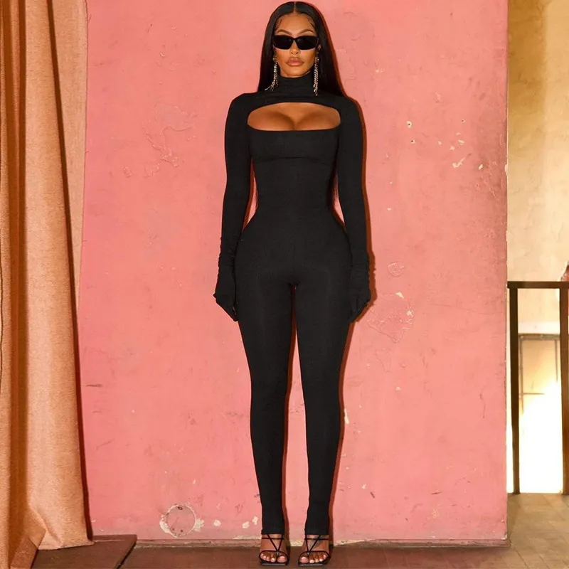 Women Fashion Sexy Solid Color Hollow Long-Sleeve Jumpsuits