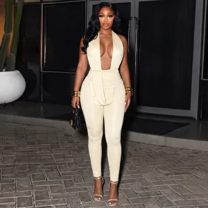 Women Fashion Sexy Solid Color Halter-Neck Deep V-Neck Slim-Fit Swing-Collar Backless Jumpsuit