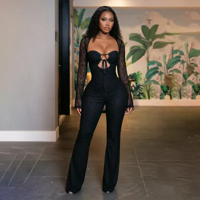 Women Fashion Sexy Solid Color Lace Waist Hollow Drawstring Long-Sleeve Jumpsuits