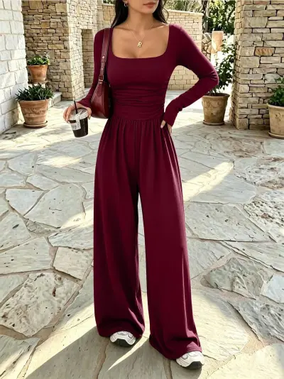 Women Fashion Casual Autumn And Winter Solid Color Long-Sleeve Wide-Leg Jumpsuits