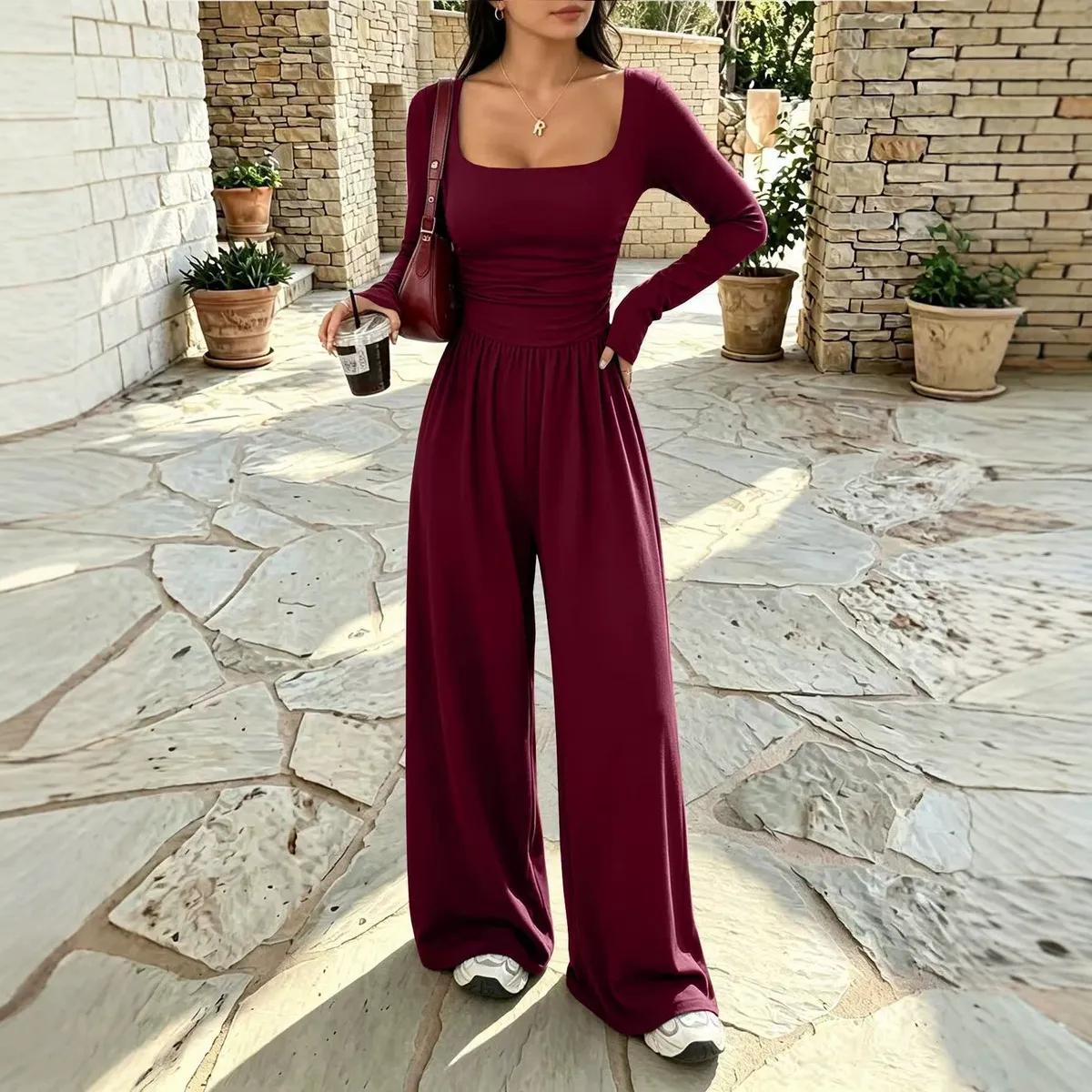 Women Fashion Casual Autumn And Winter Solid Color Long-Sleeve Wide-Leg Jumpsuits