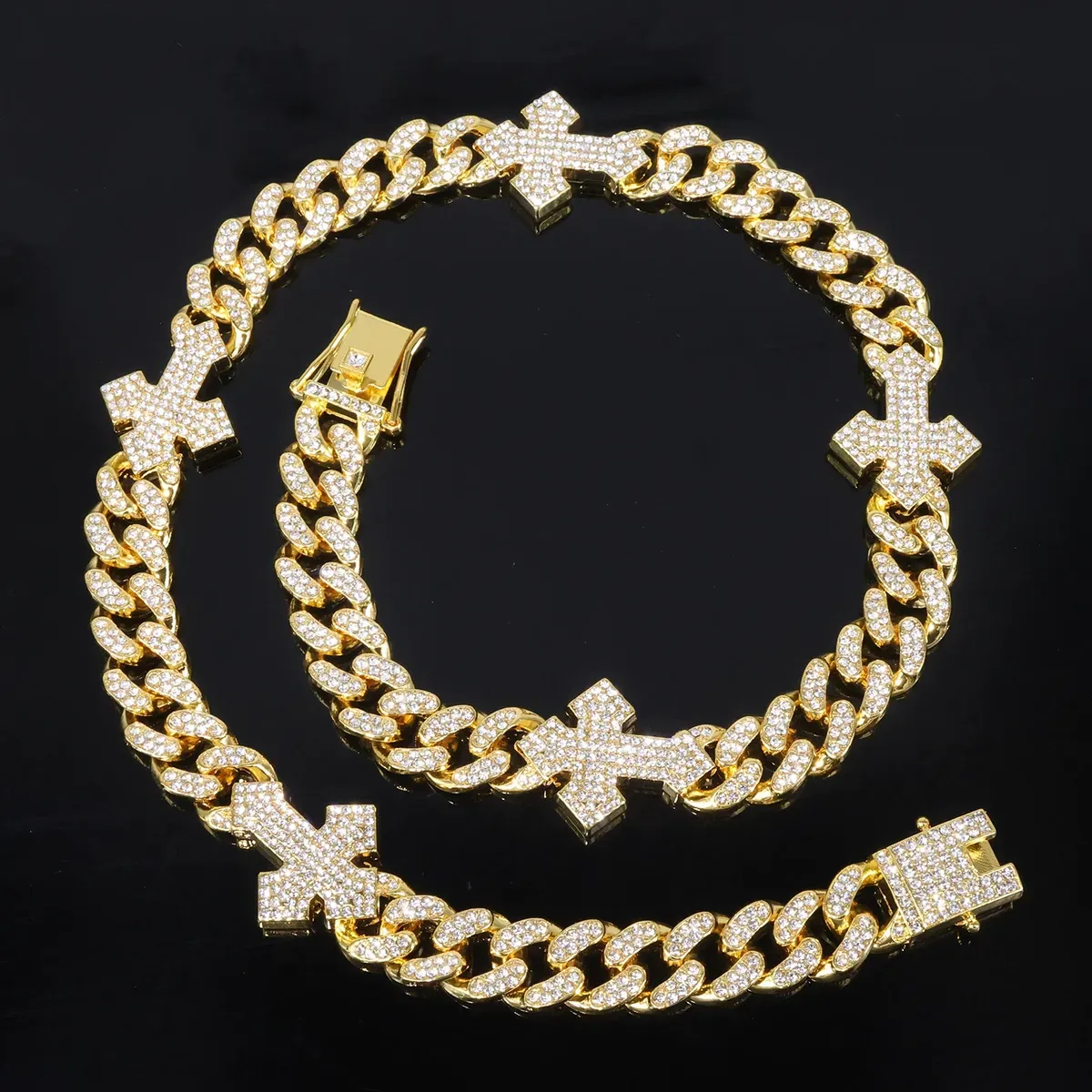 Man Fashion Hip Hop 12 Round Cuban Chain Stitching Cross Necklace