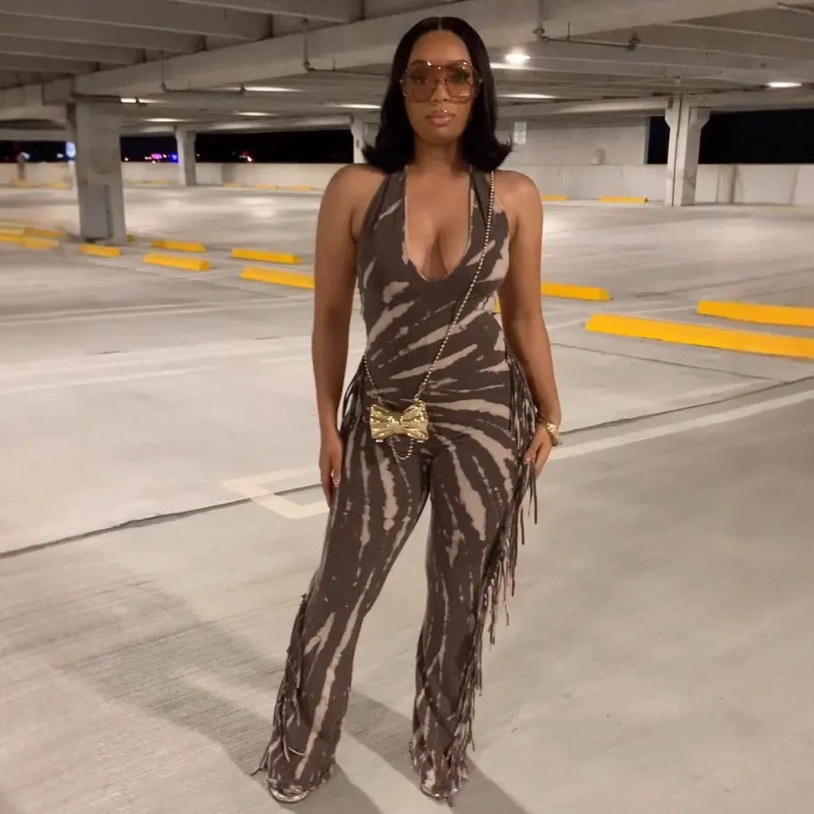 Women Fashion Sexy Print Halter-Neck Backless Tassel Slim-Fit Jumpsuits