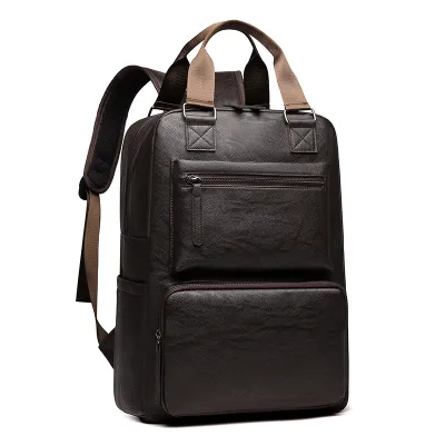 Men'S Fashion Casual Solid Color Pu Large Capacity Leather Business Backpack