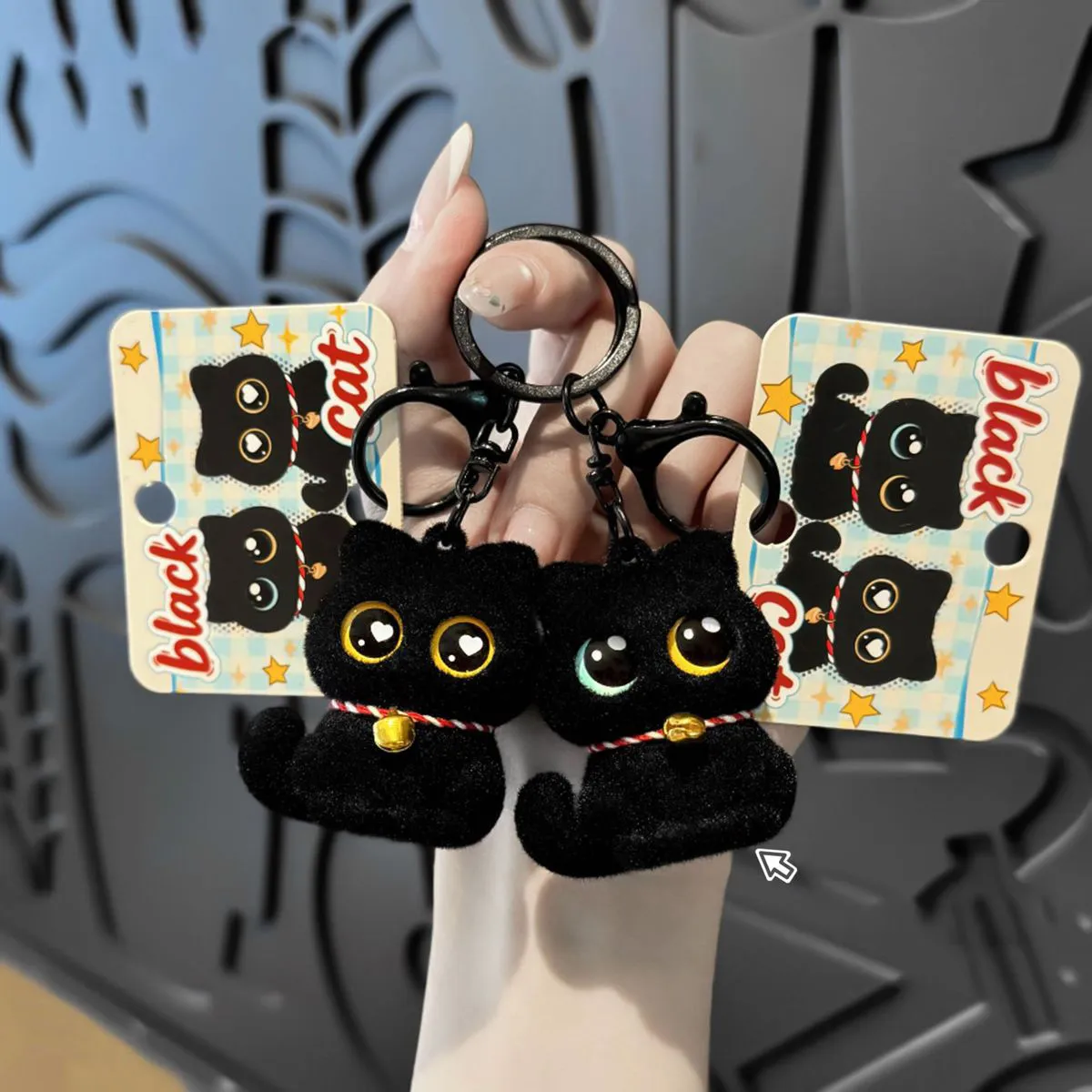 Fashion Cartoon Cute Flocking Black Cat Keychain