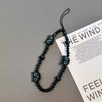Black Cat Wrist Mobile Phone Lanyard Beaded Chain Keychain