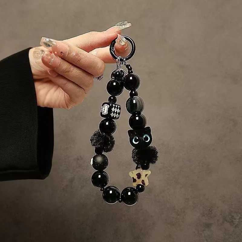 Black Cat Wrist Mobile Phone Lanyard Beaded Chain Keychain