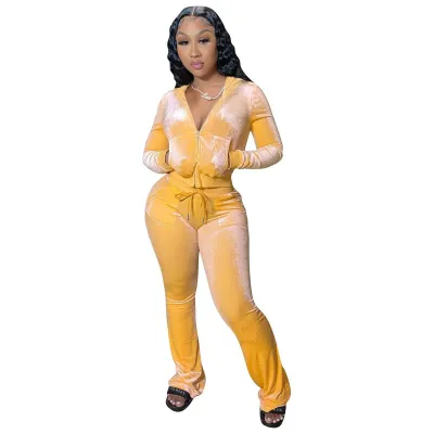 Women'S Fashion Casual Autumn Solid Color Velvet Long-Sleeve Hoodies Wide Leg Pants Two-Piece Set