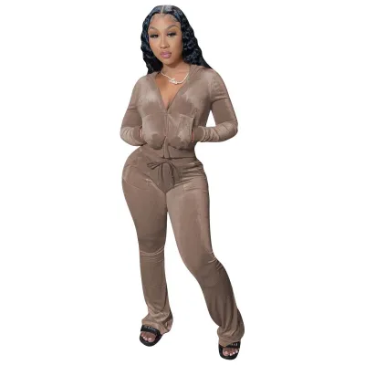 Women'S Fashion Casual Autumn Solid Color Velvet Long-Sleeve Hoodies Wide Leg Pants Two-Piece Set