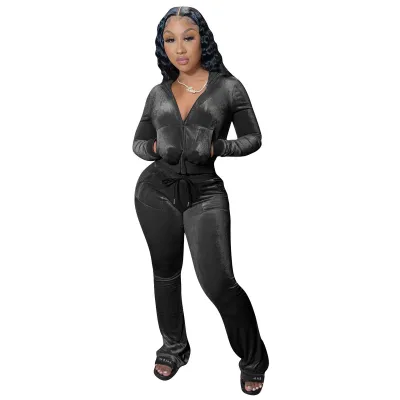 Women'S Fashion Casual Autumn Solid Color Velvet Long-Sleeve Hoodies Wide Leg Pants Two-Piece Set