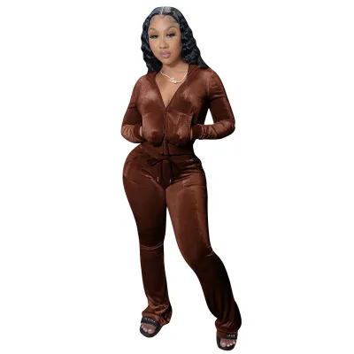 Women'S Fashion Casual Autumn Solid Color Velvet Long-Sleeve Hoodies Wide Leg Pants Two-Piece Set