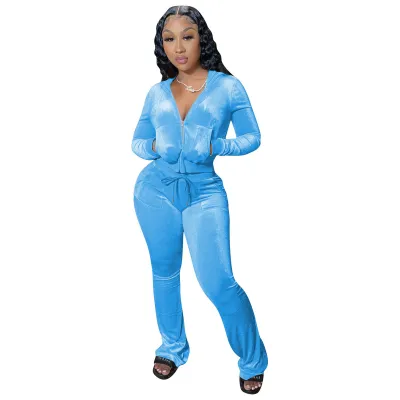 Women'S Fashion Casual Autumn Solid Color Velvet Long-Sleeve Hoodies Wide Leg Pants Two-Piece Set