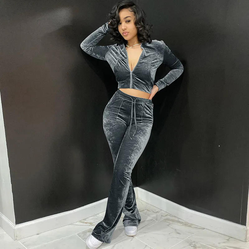 Women'S Fashion Casual Autumn Solid Color Velvet Long-Sleeve Hoodies Wide Leg Pants Two-Piece Set