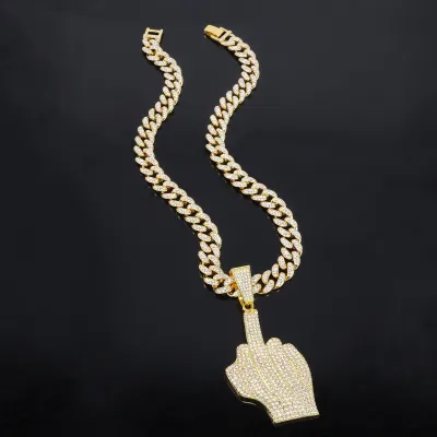 Men'S Fashion Hip Hop Finger Diamond Alloy Pendant Cuban Chain Necklace