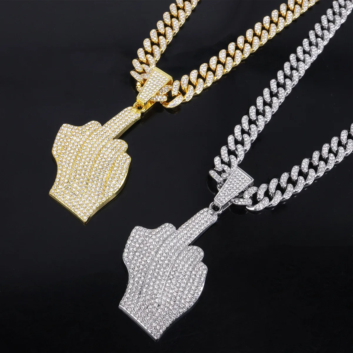 Men'S Fashion Hip Hop Finger Diamond Alloy Pendant Cuban Chain Necklace
