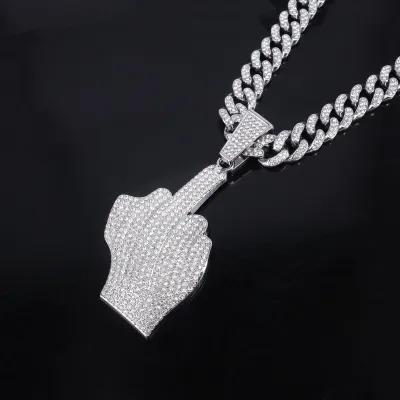 Men'S Fashion Hip Hop Finger Diamond Alloy Pendant Cuban Chain Necklace