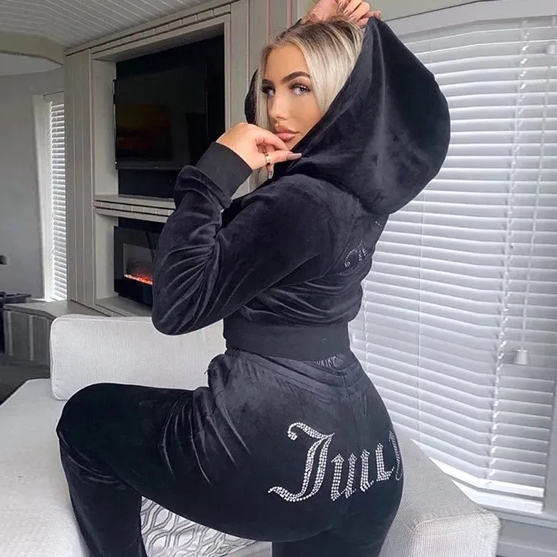Women Fashion Casual Autumn And Winter Rhinestone Velvet Long-Sleeve Hoodies Pants Two-Piece Set