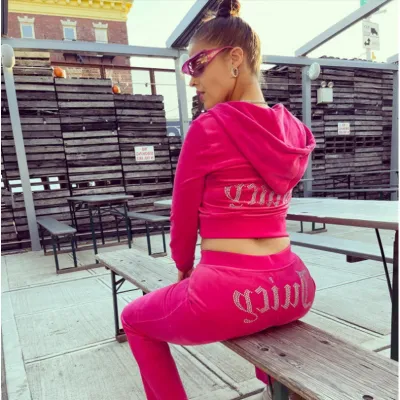 Women Fashion Casual Autumn And Winter Rhinestone Velvet Long-Sleeve Hoodies Pants Two-Piece Set