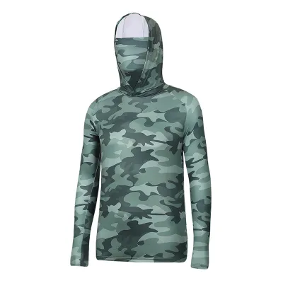 Men Fashion Casual Summer Camouflage Ice Silk Sunscreen Long-Sleeve With Mask Hoodies