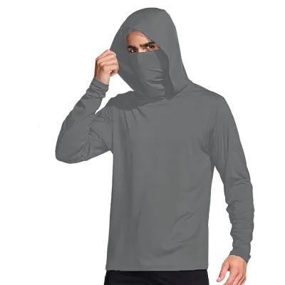Men Fashion Casual Summer Solid Color Ice Silk Sunscreen Long-Sleeve With Mask Hoodies