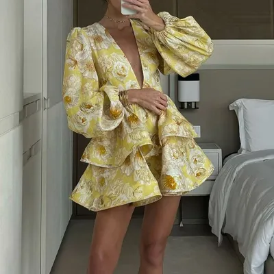 Women Fashion Casual Summer Flower Printed V-Neck Long Lantern Sleeve Ruffled A-Line Dress