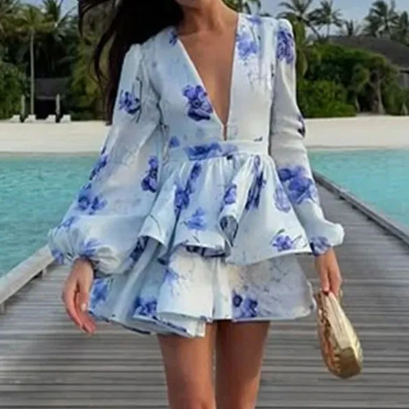 Women Fashion Casual Summer Flower Printed V-Neck Long Lantern Sleeve Ruffled A-Line Dress