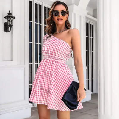 Women Fashion Casual Plaid Oblique Single Shoulder Puff Sleeve Multi-Layer A-Line Dress