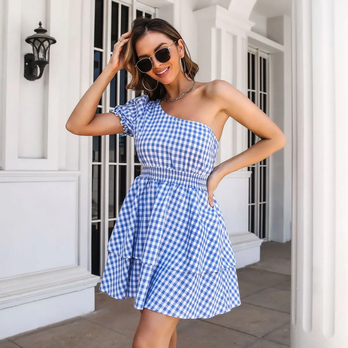 Women Fashion Casual Plaid Oblique Single Shoulder Puff Sleeve Multi-Layer A-Line Dress