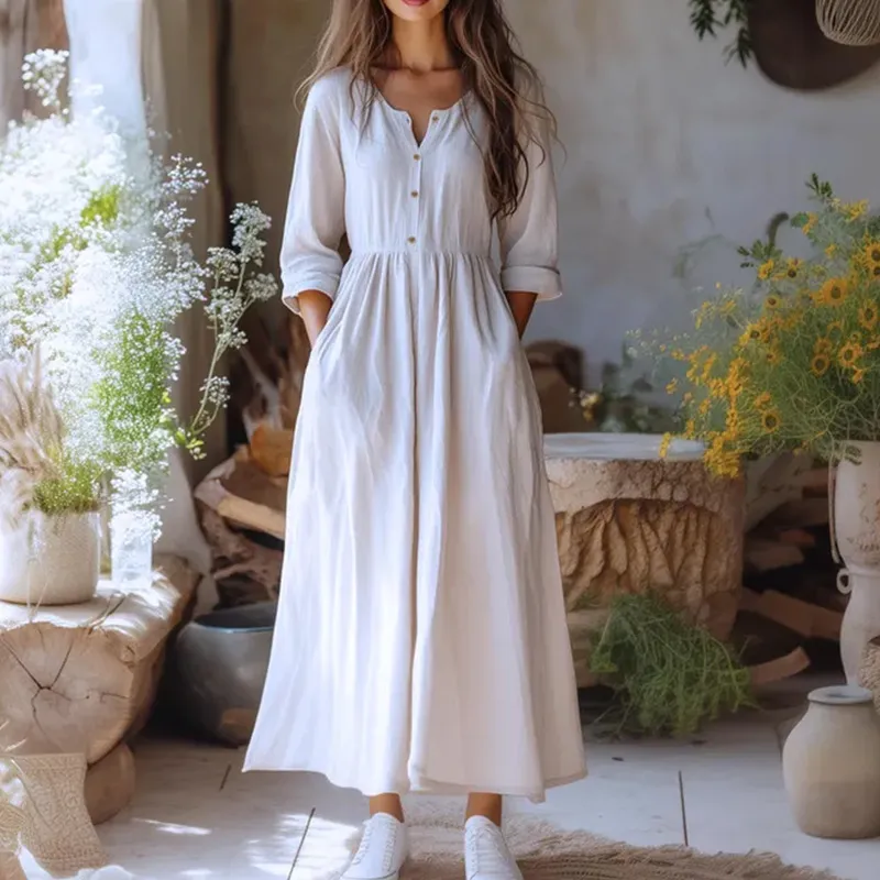 Women Fashion Casual Spring Cotton Line Solid Color Long Sleeve Loose Dress