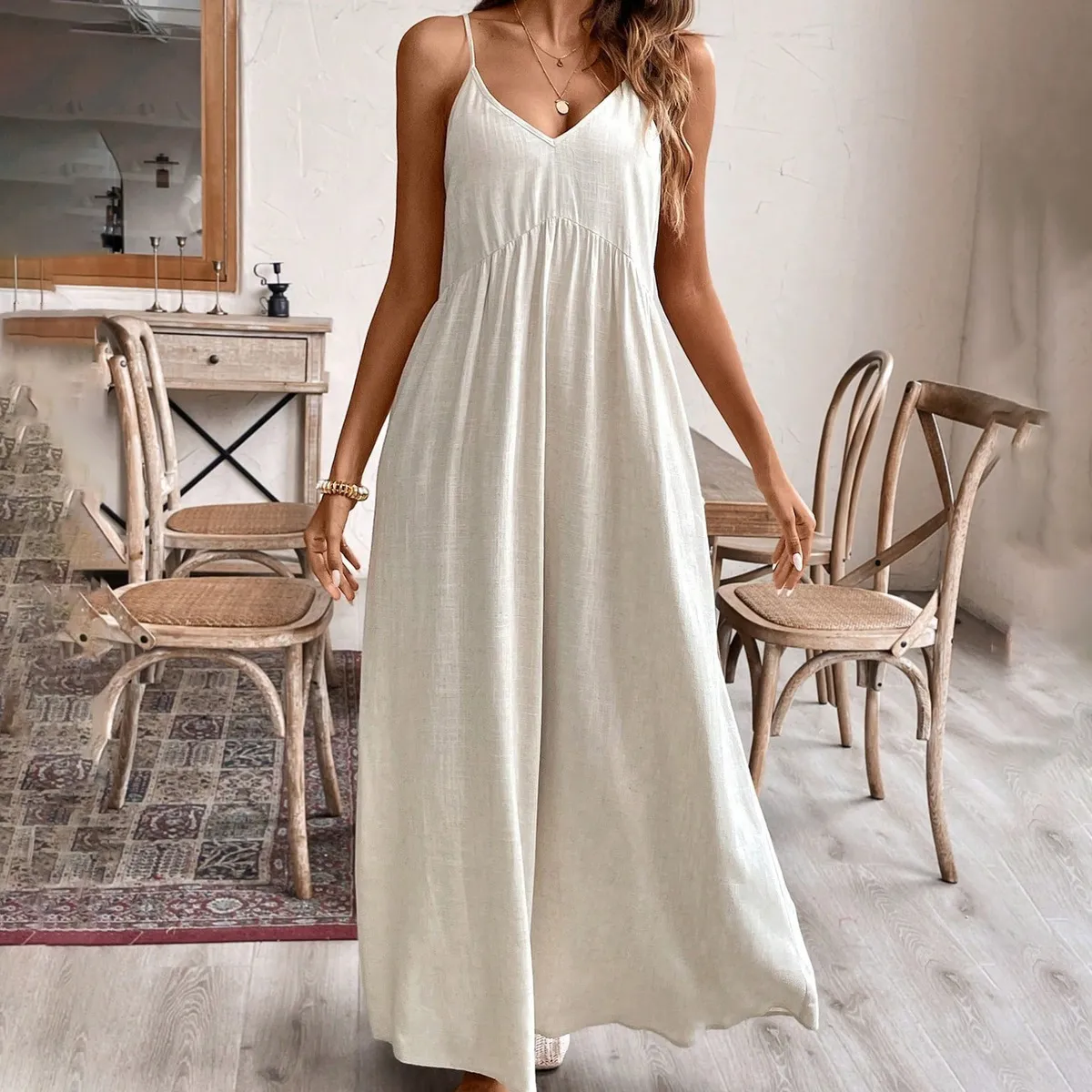 Women Fashion Casual Solid Color Cotton And Linen Spaghetti Strap Loose Dress