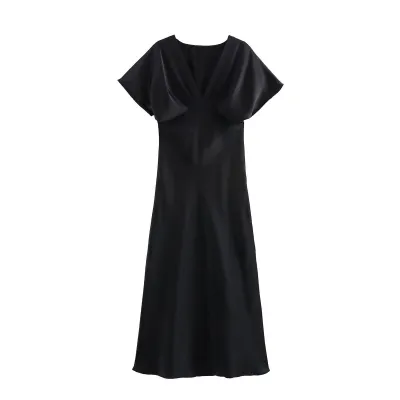 Women Fashion Casual Spring And Summer Solid Color Silk Satin V-Neck Short-Sleeve Dress