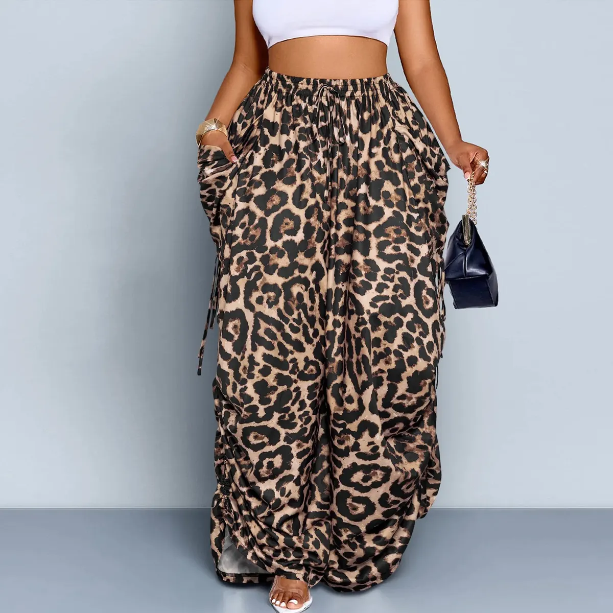 Women Casual Loose Leopard Print Drawstring Pleated High Waist Wide Leg Pants