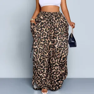 Women Casual Loose Leopard Print Drawstring Pleated High Waist Wide Leg Pants