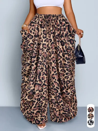 Women Casual Loose Leopard Print Drawstring Pleated High Waist Wide Leg Pants