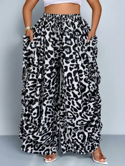 Women Casual Loose Leopard Print Drawstring Pleated High Waist Wide Leg Pants