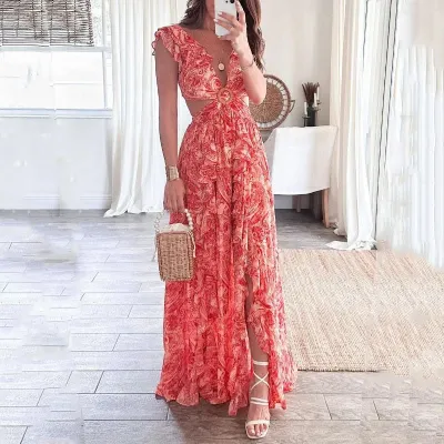 Women Fashion Casual Summer Printed V-Neck Ruffled Split Dress