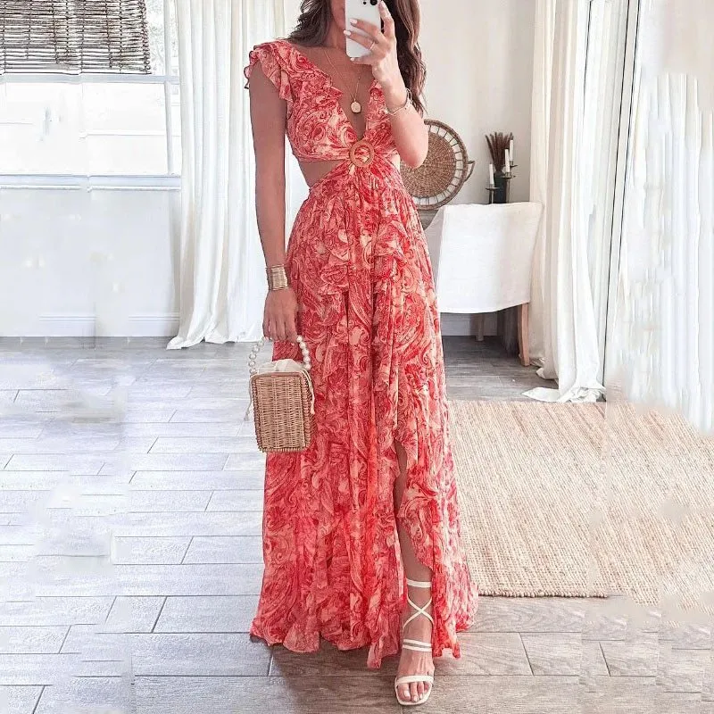 Women Fashion Casual Summer Printed V-Neck Ruffled Split Dress