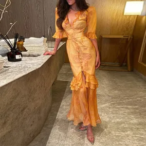 Women Fashion Casual Summer Flower Printed Puff Sleeve Split Loose Dress