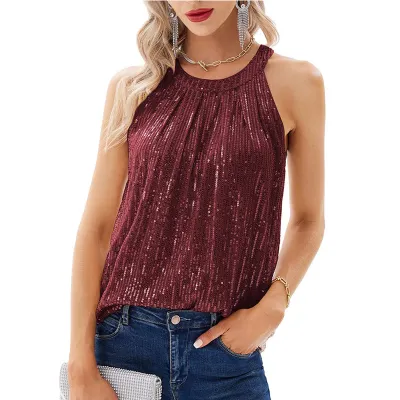 Women Fashion Sexy Summer Solid Color Sequin Tank Top
