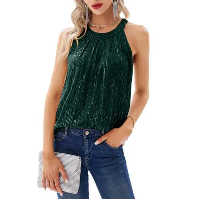 Women Fashion Sexy Summer Solid Color Sequin Tank Top