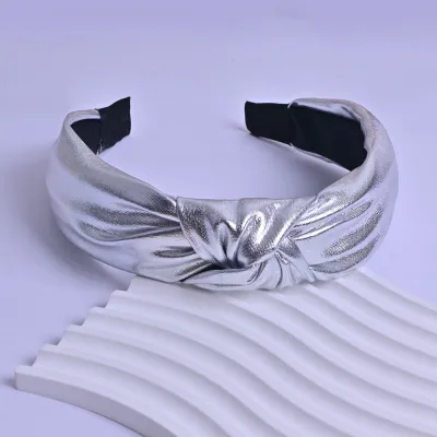 Women Fashion Simple Solid Color Pu Leather Knot Wide Edge Headband