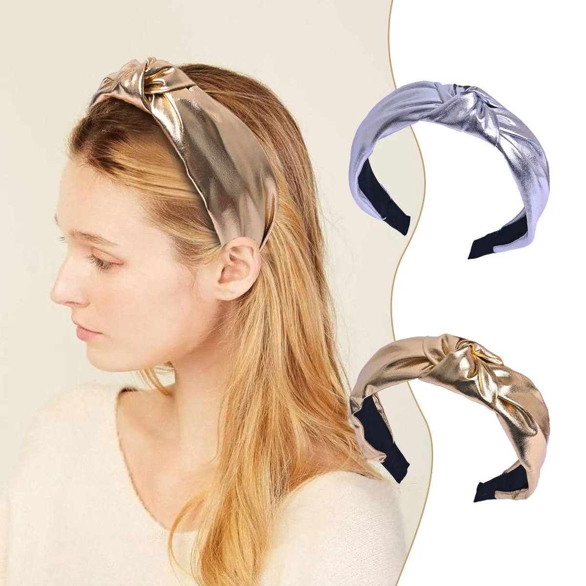 Women Fashion Simple Solid Color Pu Leather Knot Wide Edge Headband
