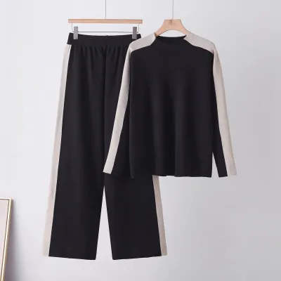 Women Fashion Casual Autumn And Winter Color Block Half Turtleneck Long-Sleeve Sweater Wide Leg Pants Knitted Two-Piece Set