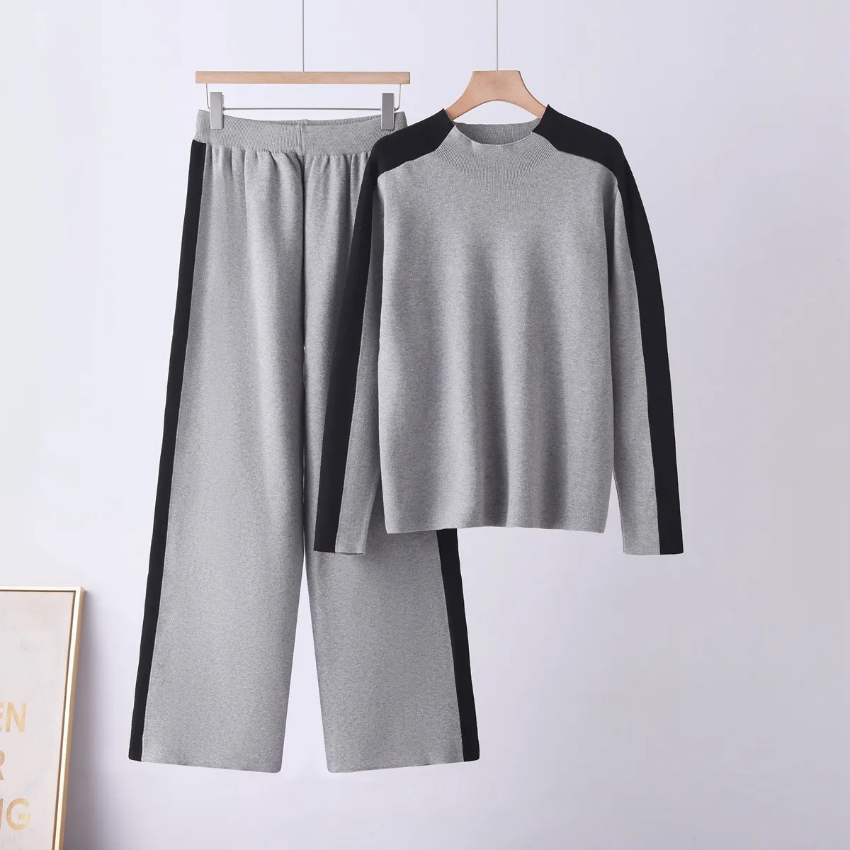 Women Fashion Casual Autumn And Winter Color Block Half Turtleneck Long-Sleeve Sweater Wide Leg Pants Knitted Two-Piece Set