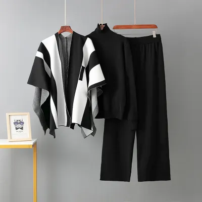 Women Fashion Casual Autumn Winter Contrast Color Shawl Set Shawl Long-Sleeve Sweater Wide Leg Pants Knitted Three-Piece Set