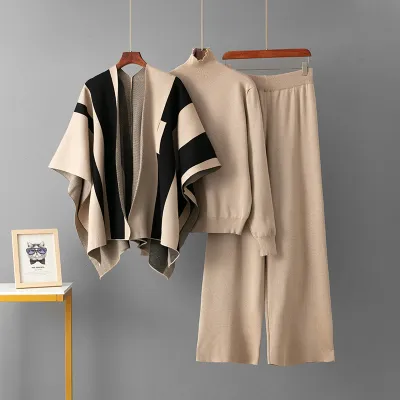 Women Fashion Casual Autumn Winter Contrast Color Shawl Set Shawl Long-Sleeve Sweater Wide Leg Pants Knitted Three-Piece Set