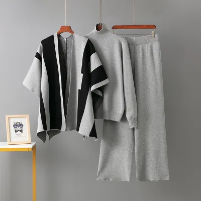 Women Fashion Casual Autumn Winter Contrast Color Shawl Set Shawl Long-Sleeve Sweater Wide Leg Pants Knitted Three-Piece Set